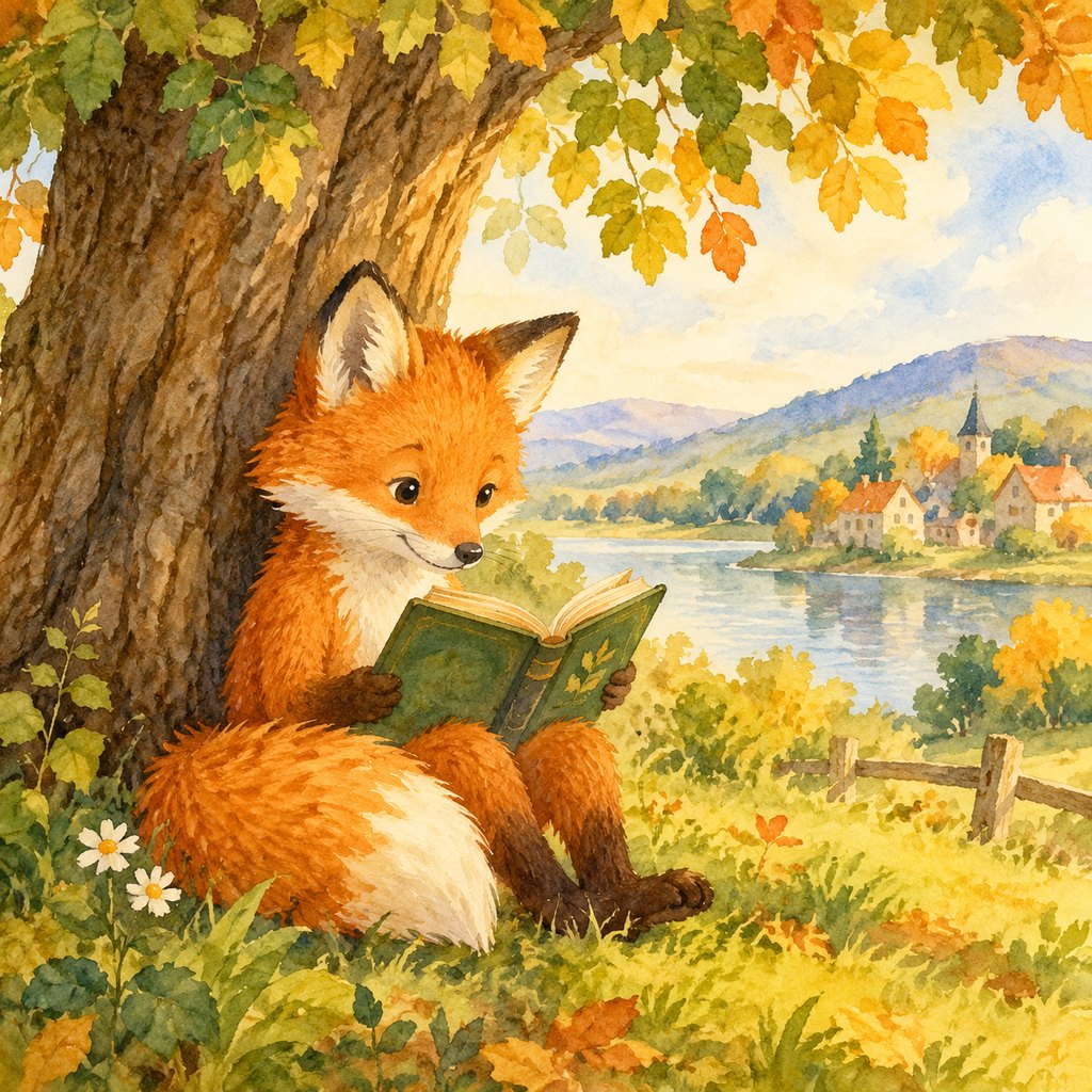 Watercolor children's book illustration of a fox reading under a tree, generated with GPT Image 2.5