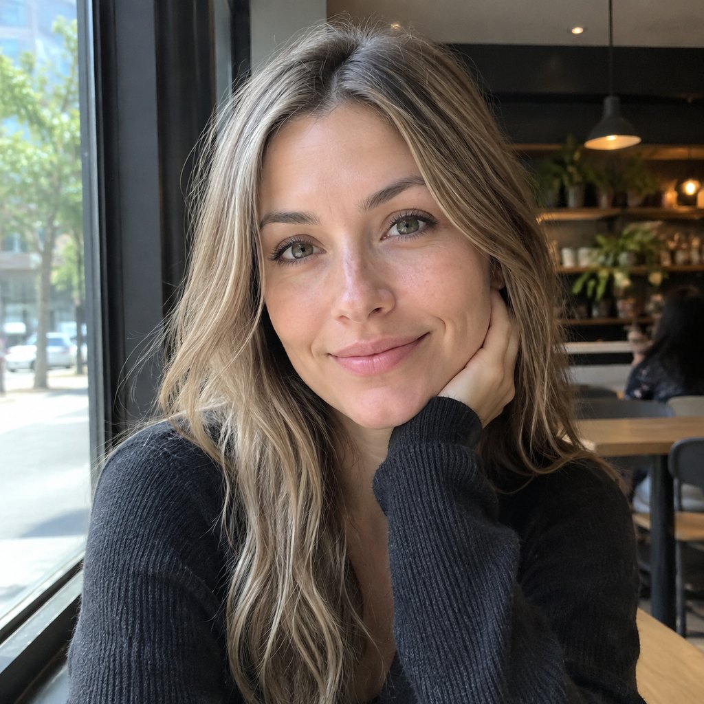 Natural-light portrait of a woman by a cafe window, generated with GPT Image 2.5