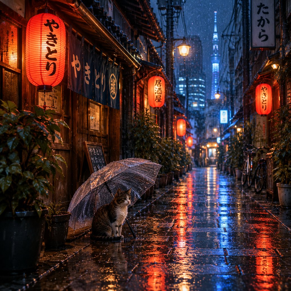 Rainy Tokyo alley at night with lanterns and a cat under an umbrella, generated with GPT Image 2.5