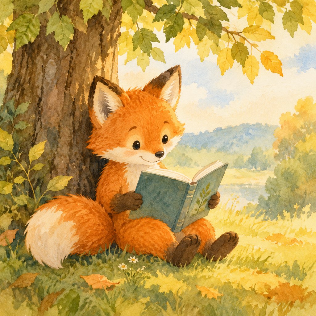 Watercolor children's book illustration of a fox reading under a tree, generated with GPT Image 2
