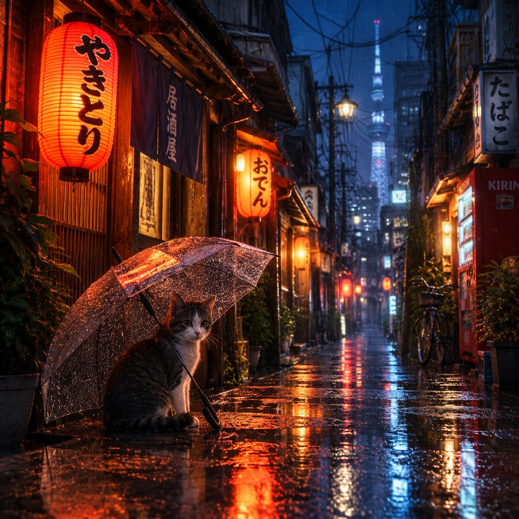 Rainy Tokyo alley at night with lanterns and a cat under an umbrella, generated with GPT Image 2