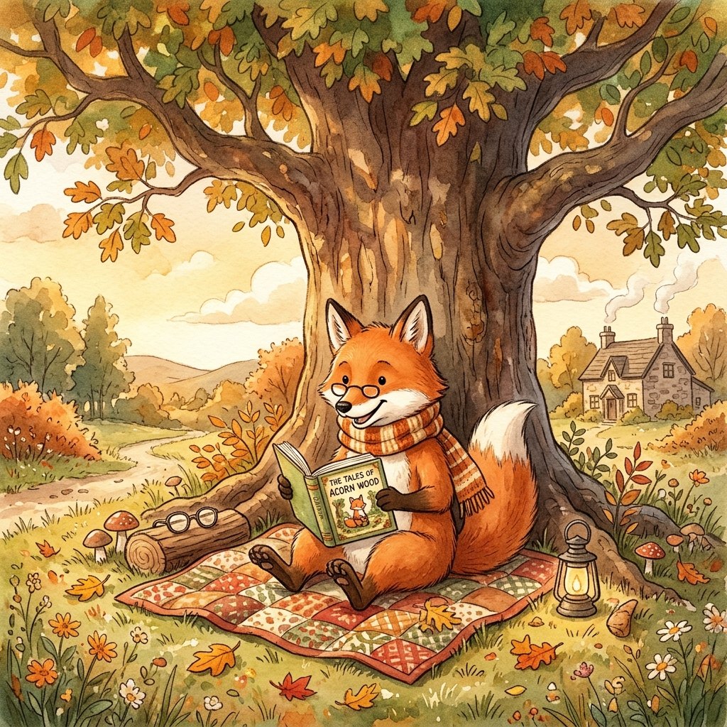 Watercolor children's book illustration of a fox reading under a tree, generated with Nano Banana 2