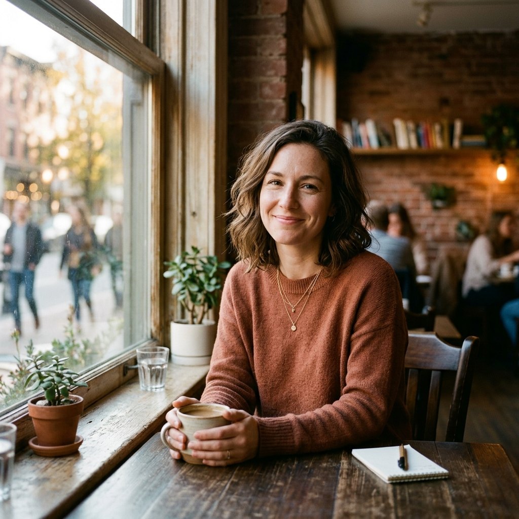 Natural-light portrait of a woman by a cafe window, generated with Nano Banana 2