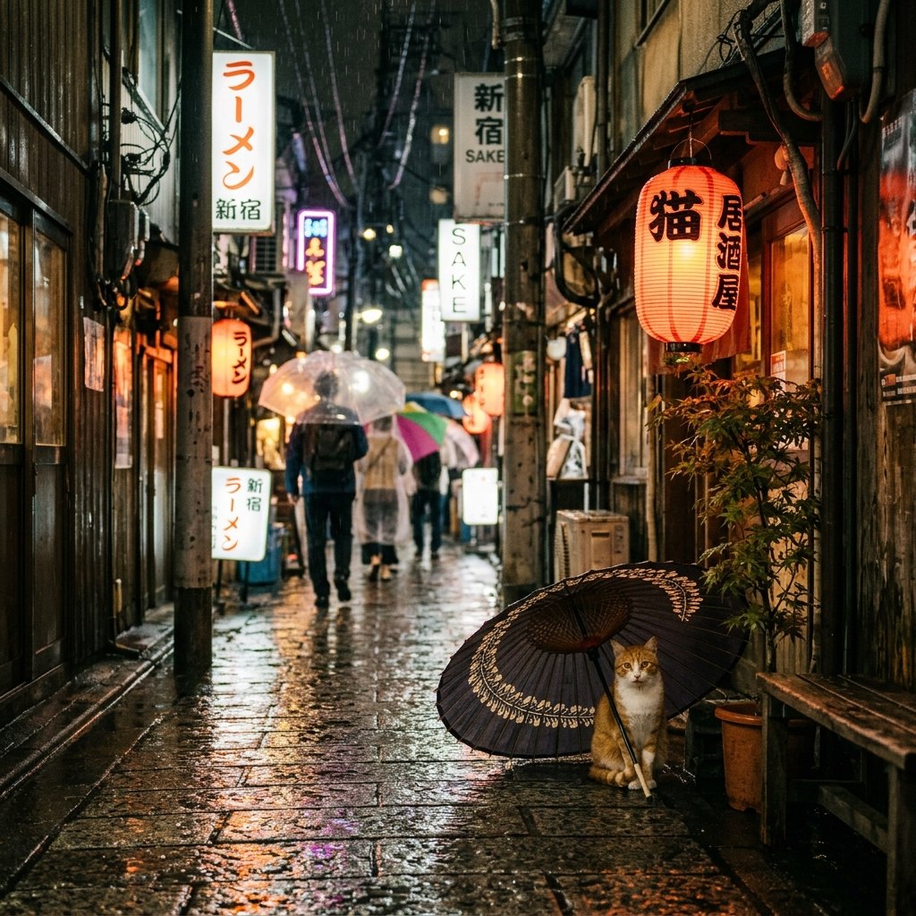 Rainy Tokyo alley at night with lanterns and a cat under an umbrella, generated with Nano Banana 2