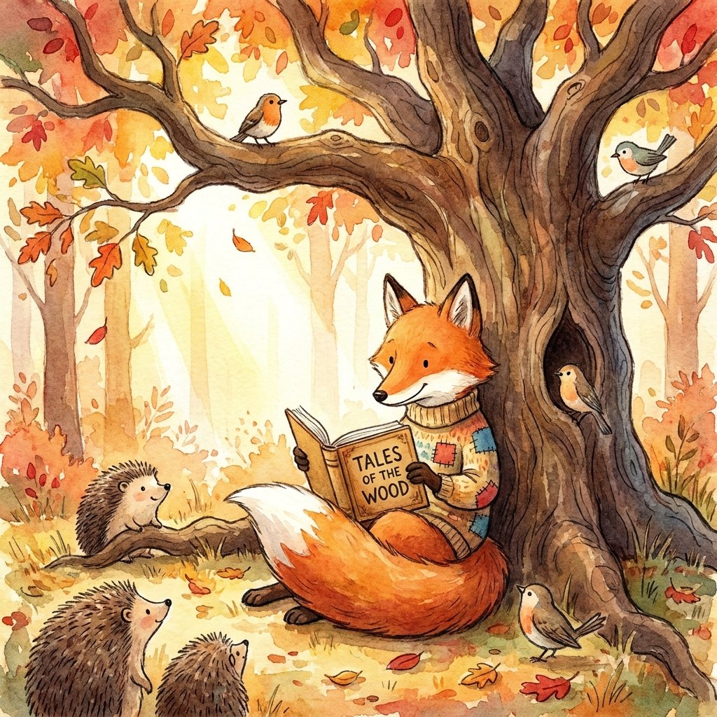 Watercolor children's book illustration of a fox reading under a tree, generated with Nano Banana Pro