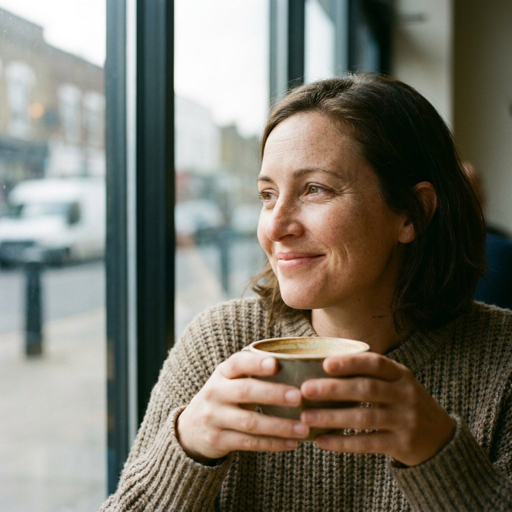 Natural-light portrait of a woman by a cafe window, generated with Nano Banana Pro