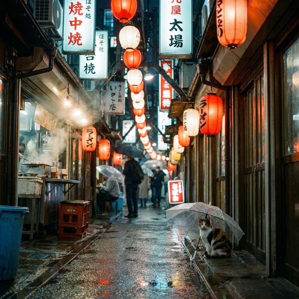 Rainy Tokyo alley at night with lanterns and a cat under an umbrella, generated with Nano Banana Pro
