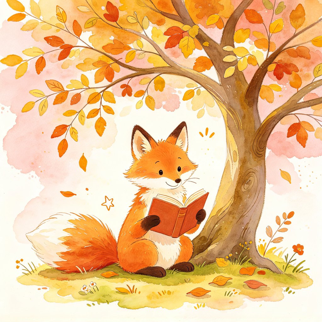 Watercolor children's book illustration of a fox reading under a tree, generated with Seedream 4.0