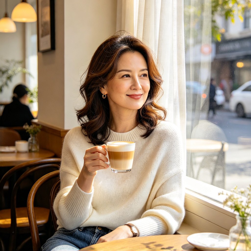 Natural-light portrait of a woman by a cafe window, generated with Seedream 4.0
