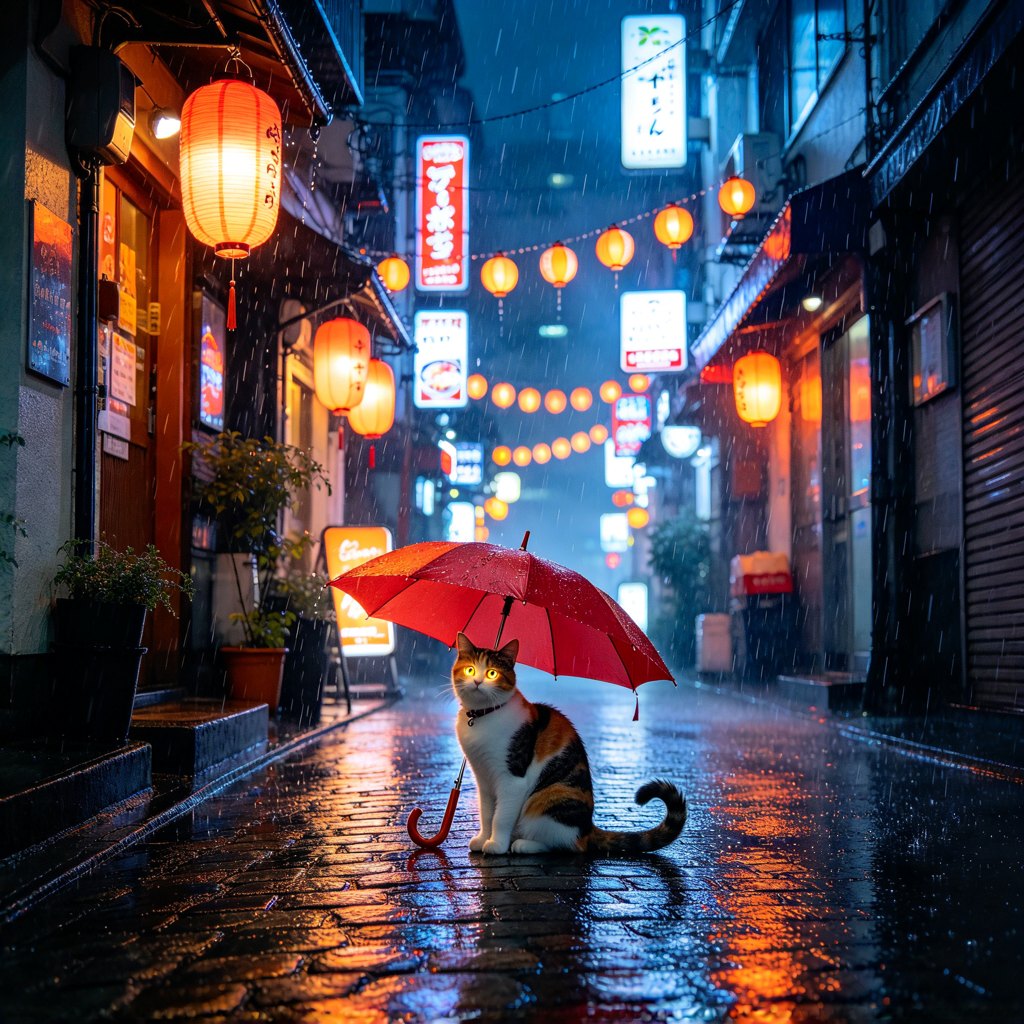 Rainy Tokyo alley at night with lanterns and a cat under an umbrella, generated with Seedream 4.0