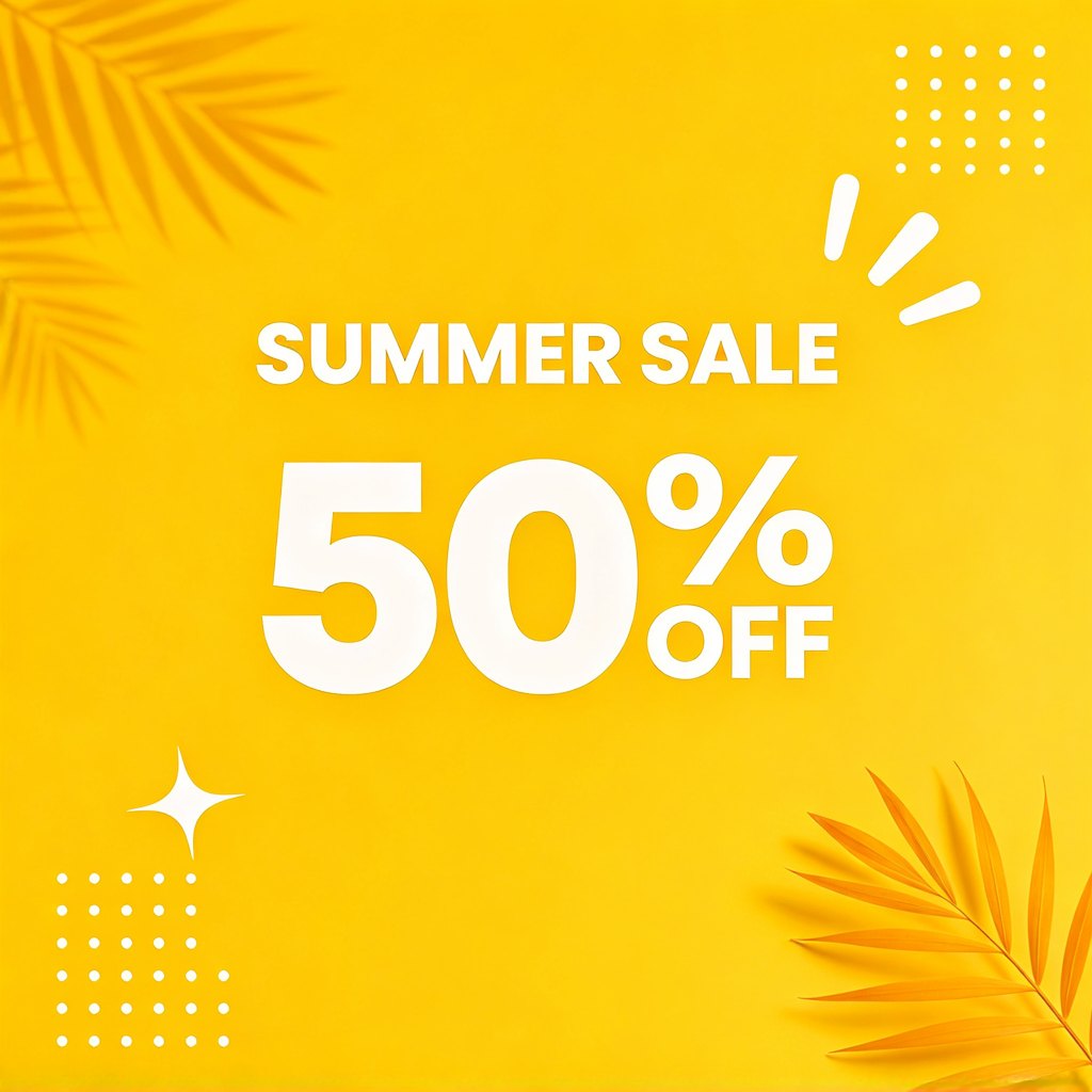 Yellow poster with the text SUMMER SALE 50% OFF, generated with Seedream 4.0