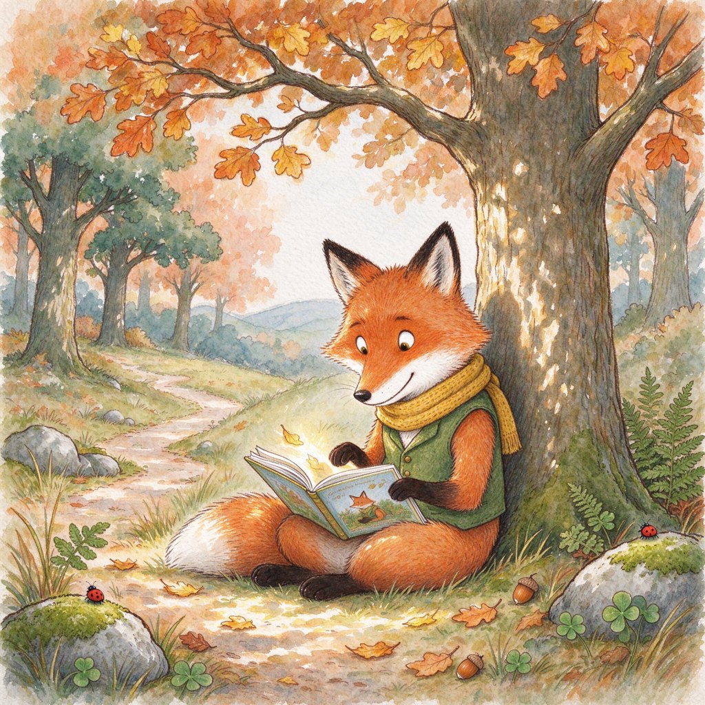 Watercolor children's book illustration of a fox reading under a tree, generated with Seedream 5.0 Flash