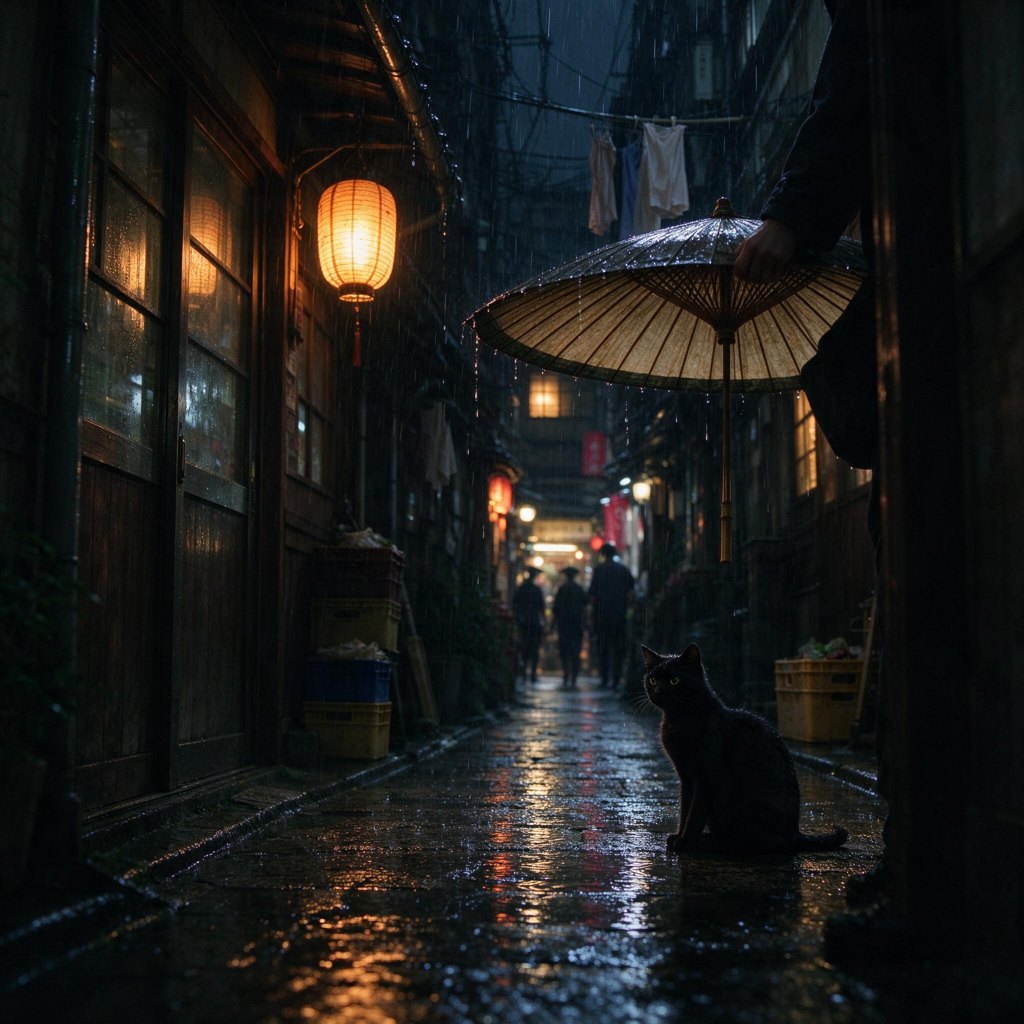 Rainy Tokyo alley at night with lanterns and a cat under an umbrella, generated with Seedream 5.0 Flash