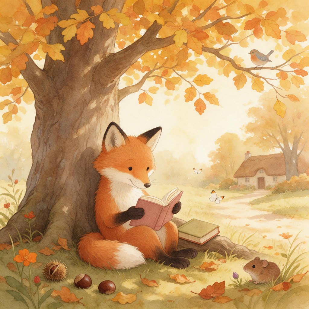 Watercolor children's book illustration of a fox reading under a tree, generated with Seedream 5.0 Pro