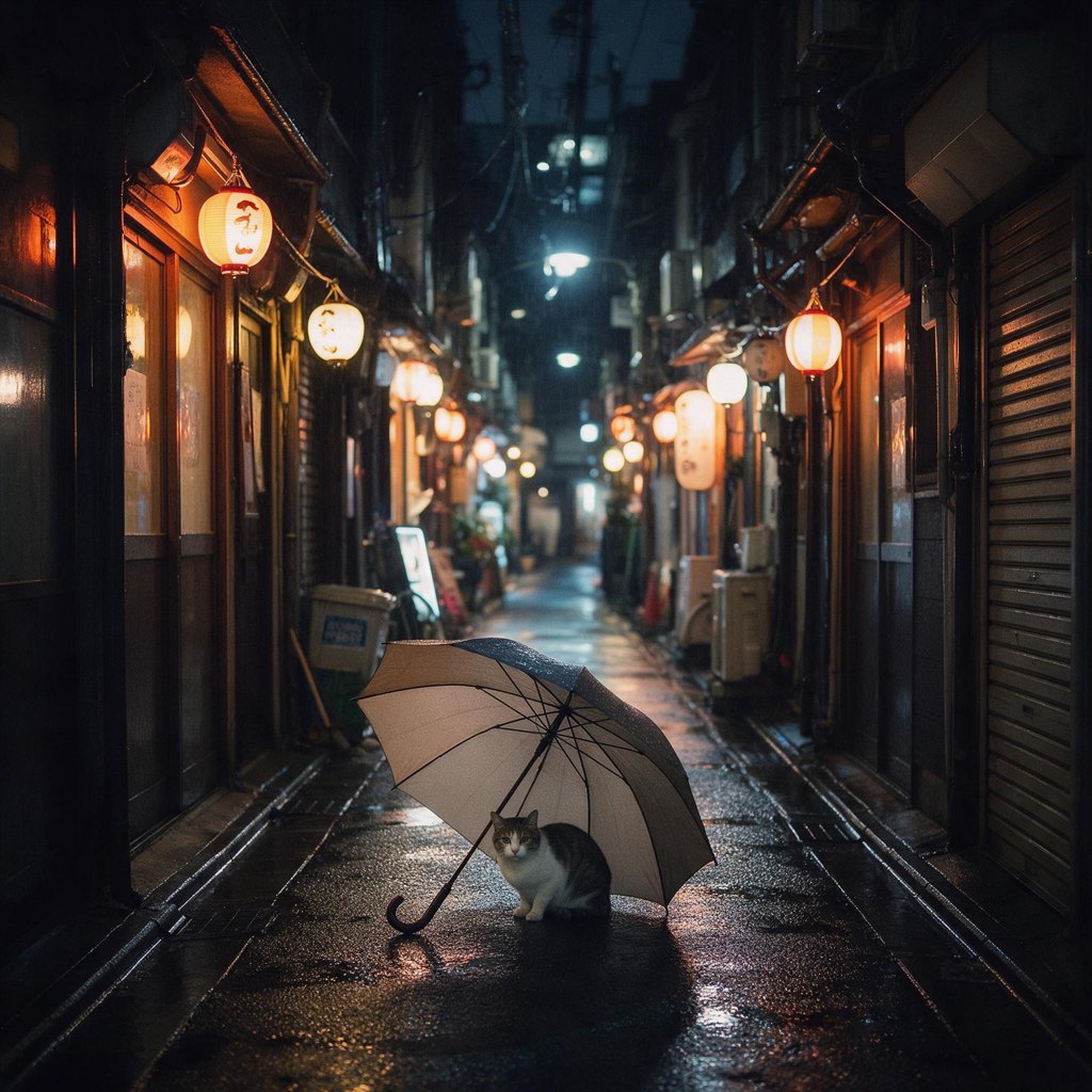 Rainy Tokyo alley at night with lanterns and a cat under an umbrella, generated with Seedream 5.0 Pro