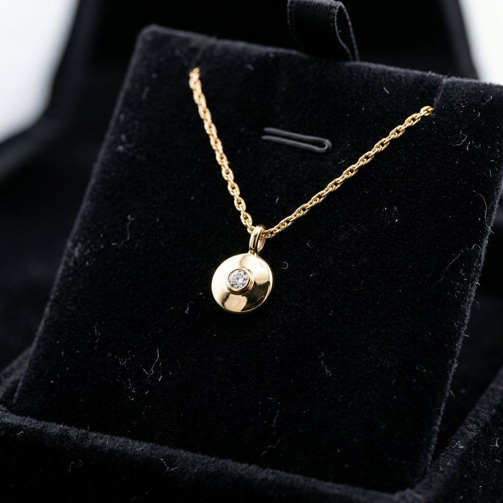 Gold pendant necklace lying on black velvet in a jewelry box