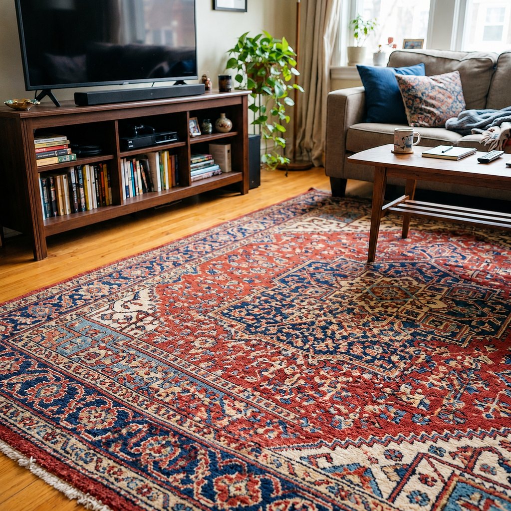 The same living room with the cables removed and the red patterned rug continuing underneath