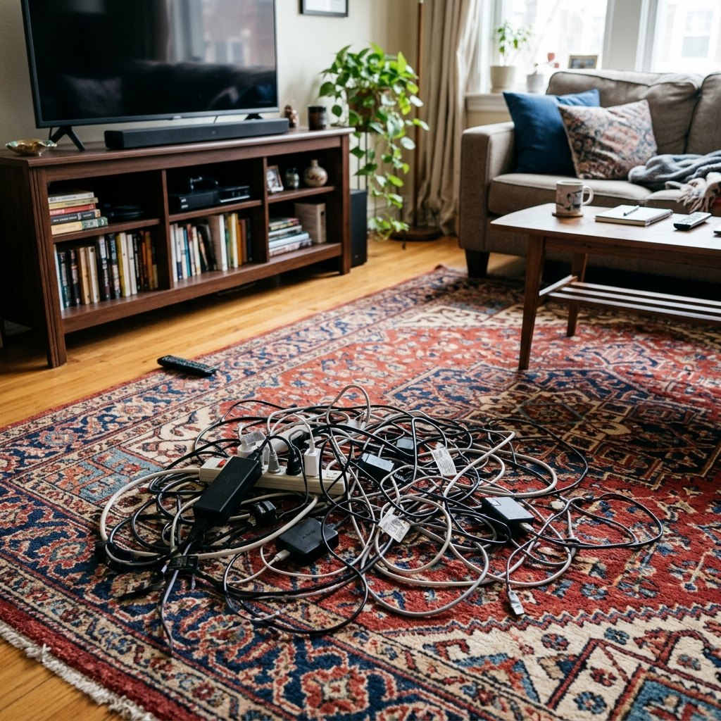 Living room rug covered by a tangle of black and white cables