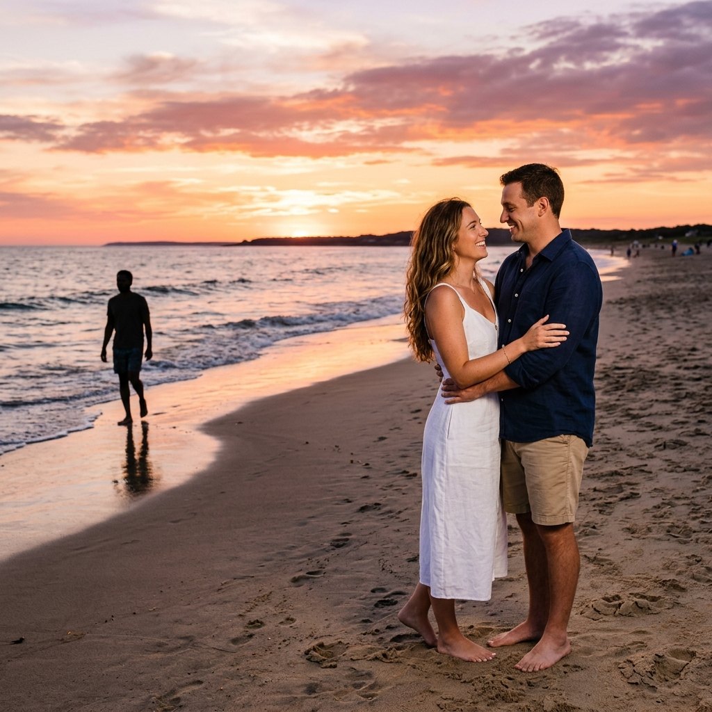 Couple on a beach at sunset with a stranger walking behind them
