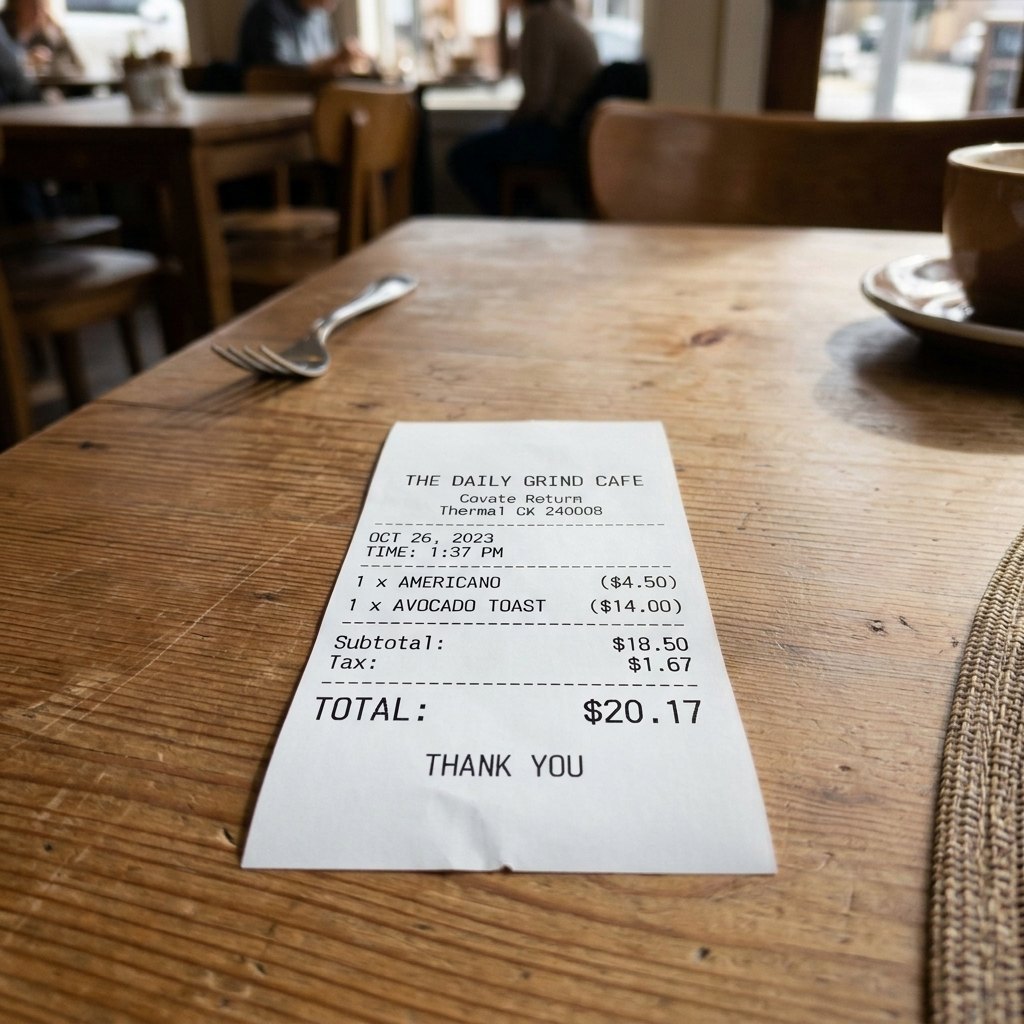 The same receipt evenly lit with every printed line and amount unchanged