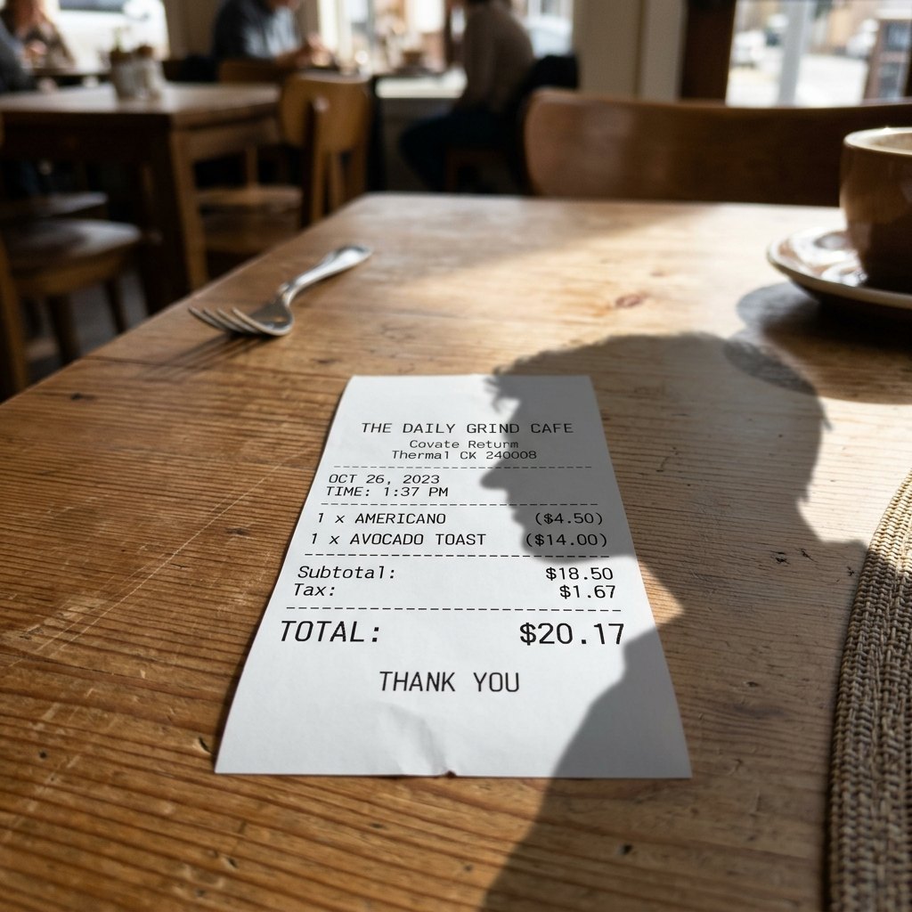 Cafe receipt on a wooden table with a large head-shaped shadow