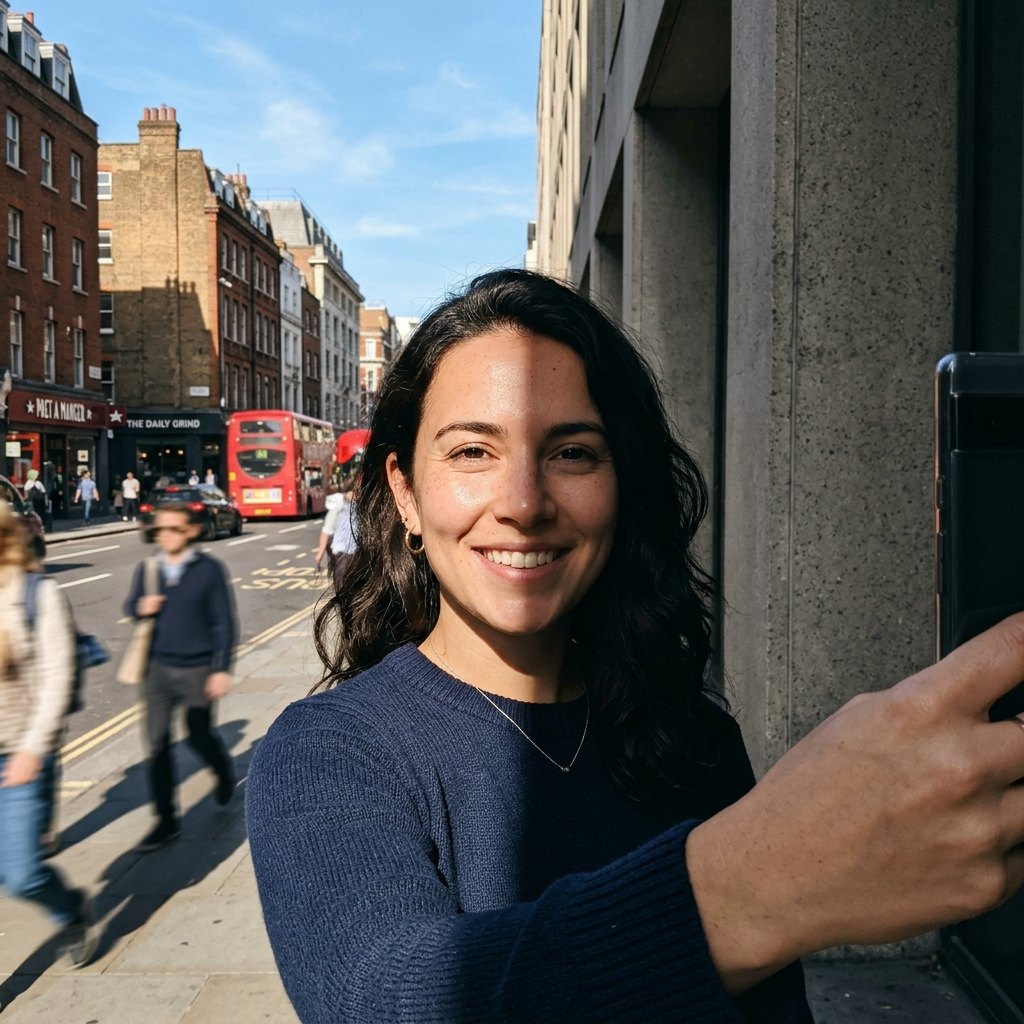 Woman smiling in a street selfie with a shadow across part of her face