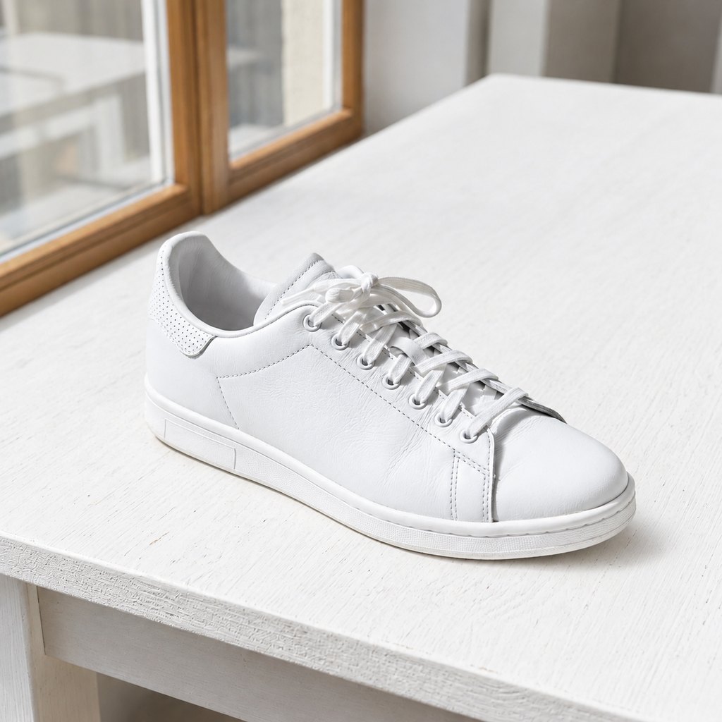 The same white sneaker on the table with the striped shadows gone and even light