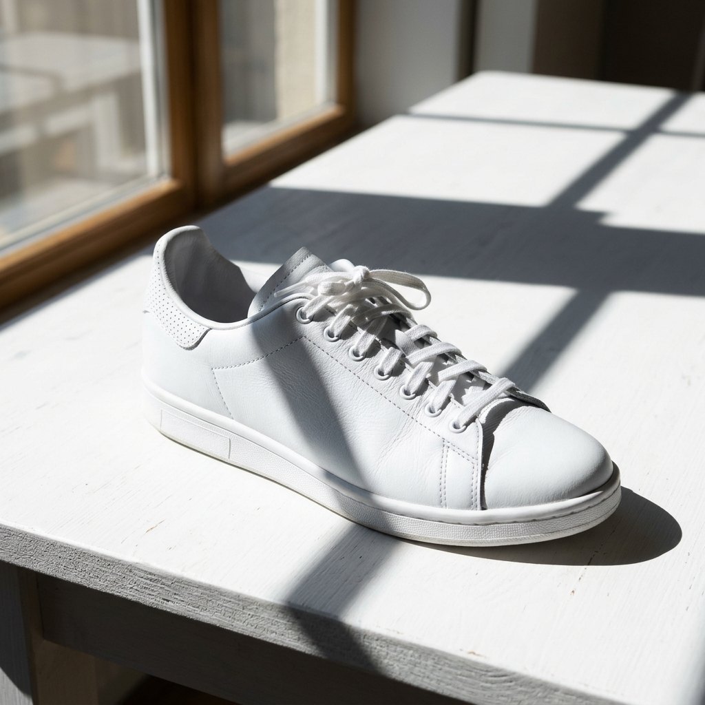 White sneaker on a white table with hard striped window shadows