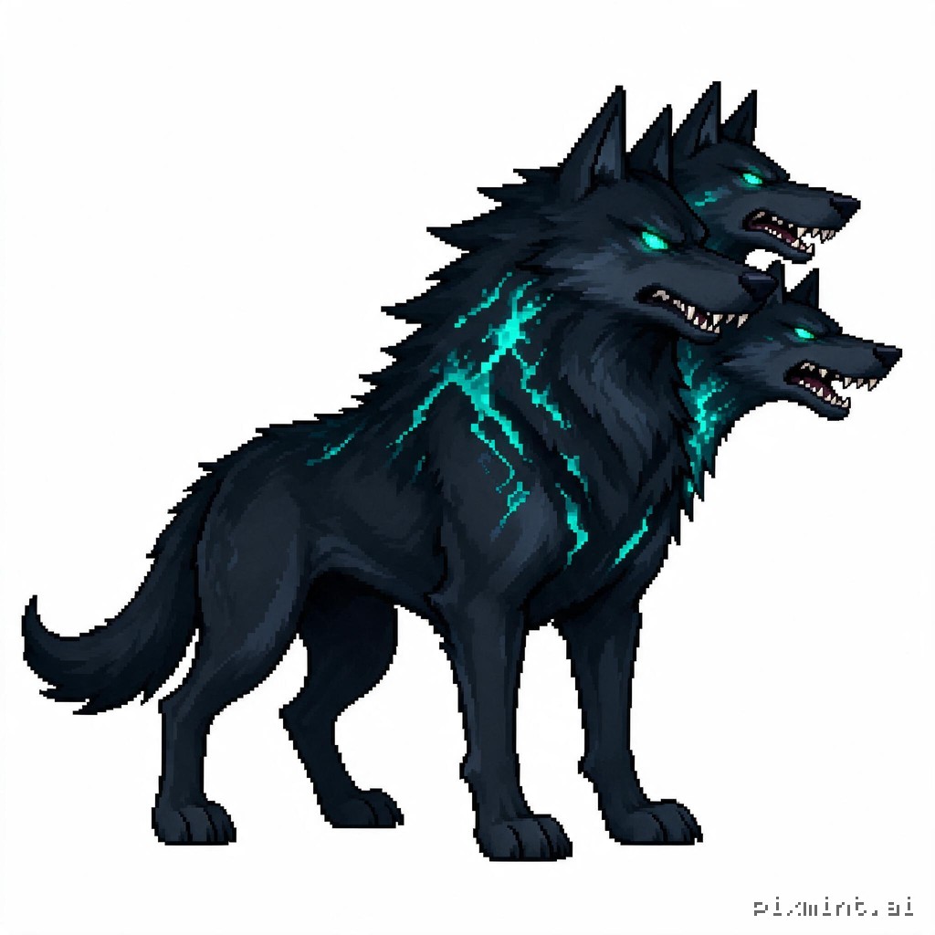 Create a single boss enemy sprite named "wolf_B" for a 2D side-scrolling action game. **IMPORTANT: TRUE PIXEL ART ONLY**…