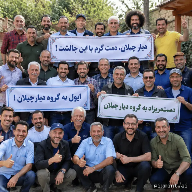 Tokyo Create a highly realistic, professional wide-angle group photograph of approximately 30 Iranian men, aged 30–65…