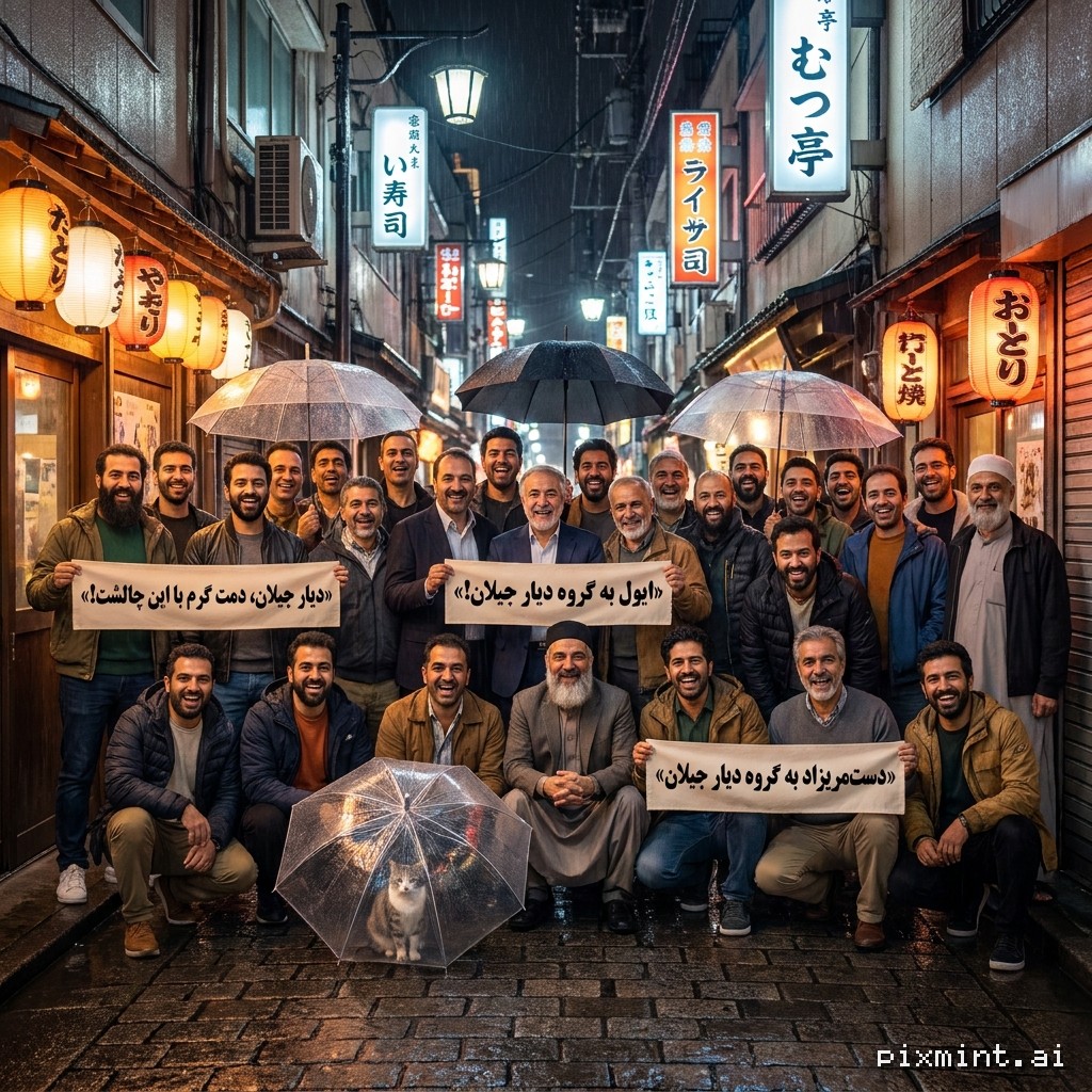 Tokyo Create a highly realistic, professional wide-angle group photograph of approximately 30 Iranian men, aged 30–65…