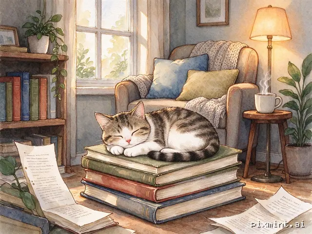 A cozy reading nook with a cat sleeping on a pile of books, warm watercolor illustration