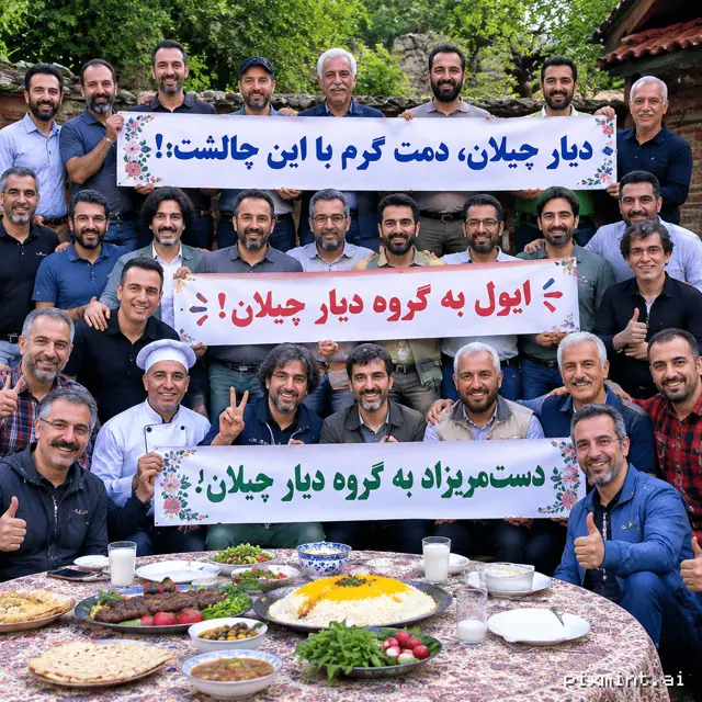 Create a highly realistic, professional wide-angle group photograph of approximately 30 Iranian men, aged 30–65, gathered…