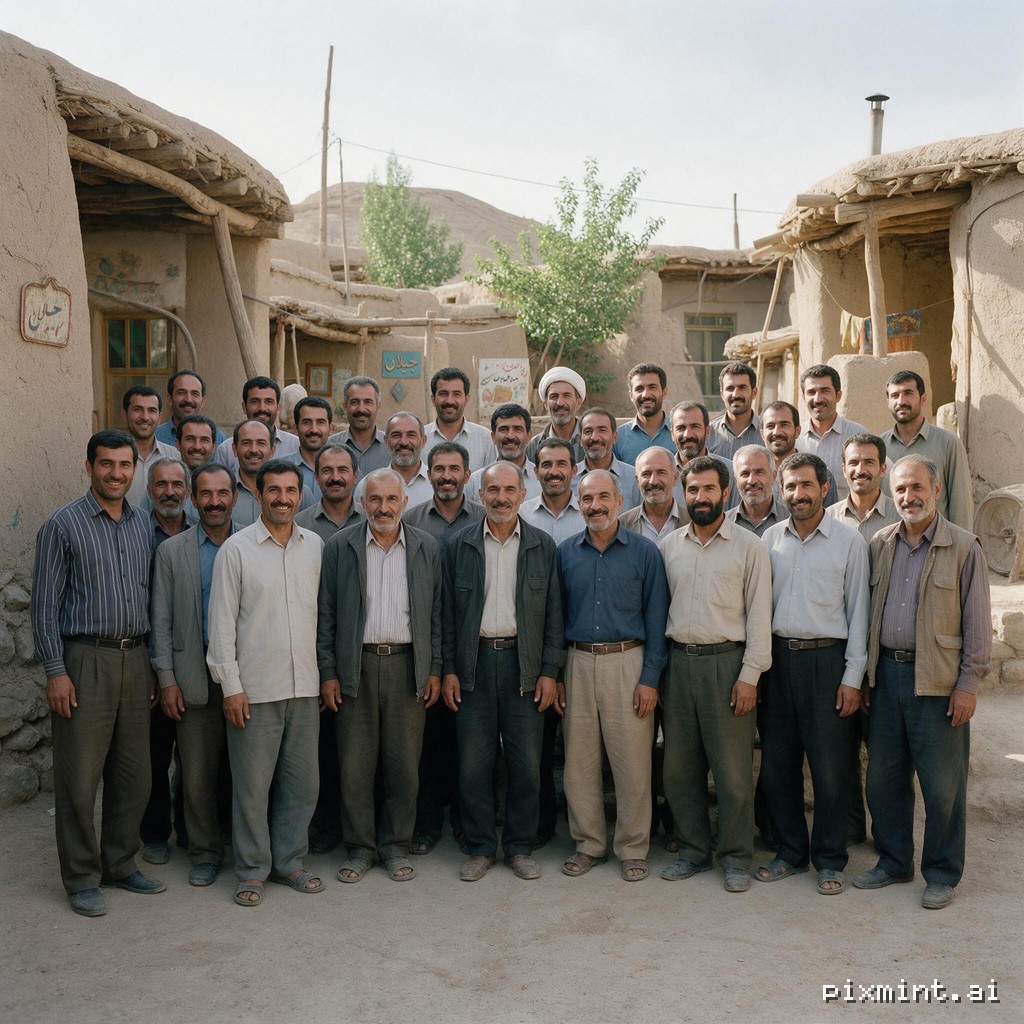 Create a highly realistic, professional wide-angle group photograph of approximately 30 Iranian men, aged 30–65, gathered…