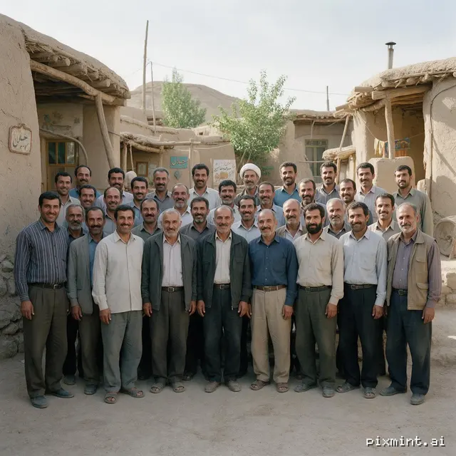 Create a highly realistic, professional wide-angle group photograph of approximately 30 Iranian men, aged 30–65, gathered…