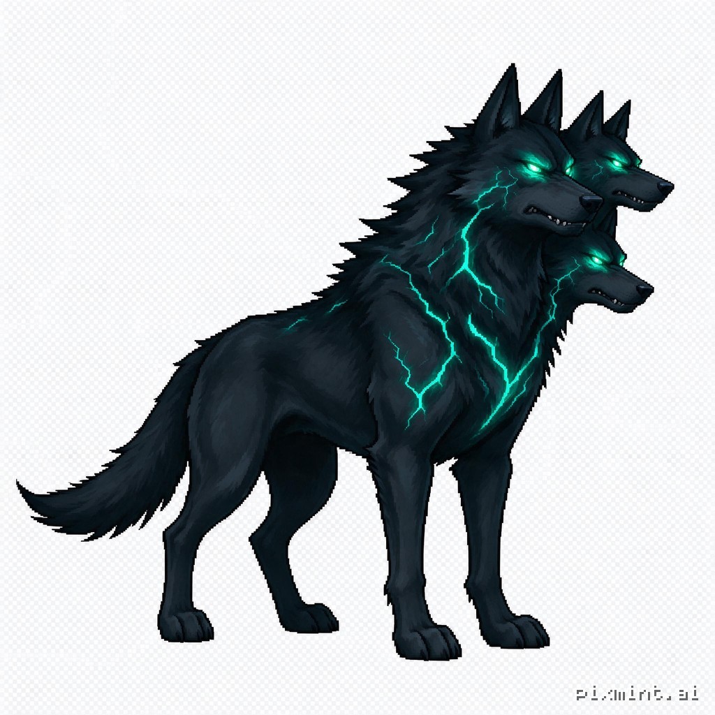 Create a single boss enemy sprite named "wolf_B" for a 2D side-scrolling action game, in clean, crisp pixel art…